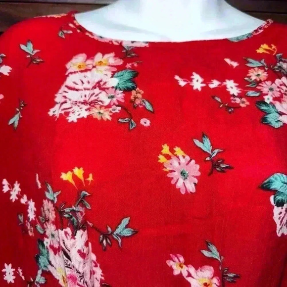 Dizzire Red Floral Blouse with Gathered Drawstring / Size L - Picture 7 of 14